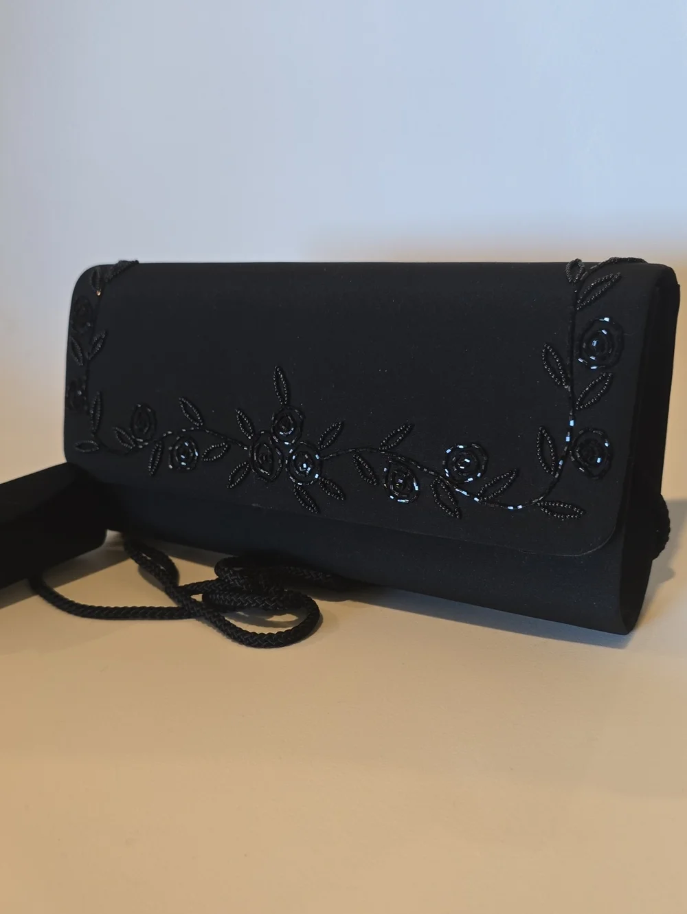 Valerie Stevens Elegant Black Beaded Floral Clutch Shoulder Bag